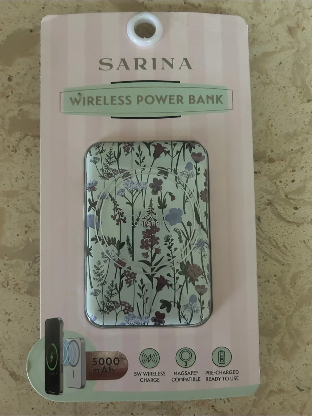 SARINA Floral Wireless Power Bank - White with Floral Pattern